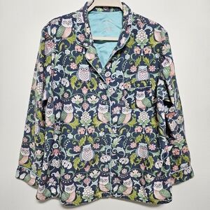 Nick & Nora Womens Pajama Top Owls Flannel 100% Cotton Cottagecore Blue Pink XL